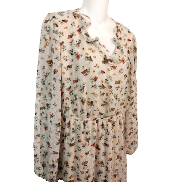 SPLASH Floral Dots Sheer Long Sleeves Ruffle Dress Ivory Green Orange Lined 14 - Picture 10 of 15
